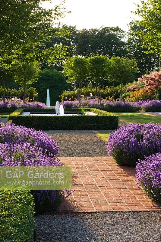 Garden with red brick Lavandula - Lavender, edged path leading to pond with fountains, Oxfordshire 
