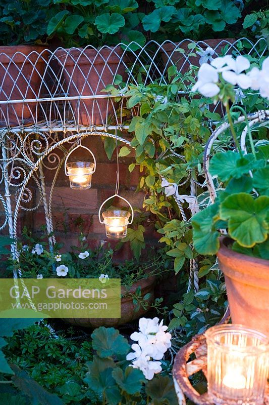 Hanging tealights and Geraniums in container