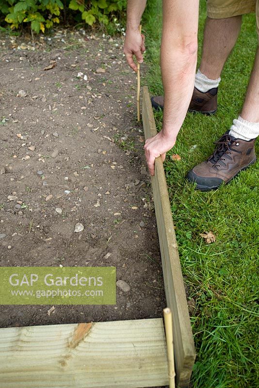 step by step, making a raised bed - using sticks to mark out trench and sizing up plank