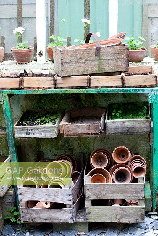 Potting area in old greenhouse - Trevoole Farm, Cornwall