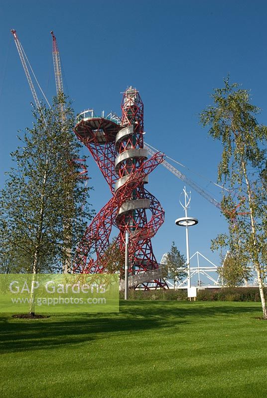 Olympic Park Sculpture by Anish Kapoor - the ArcelorMittal Orbit, nicknamed the Helter-Skelter and the Hubble Bubble with giant cranes and Beula 