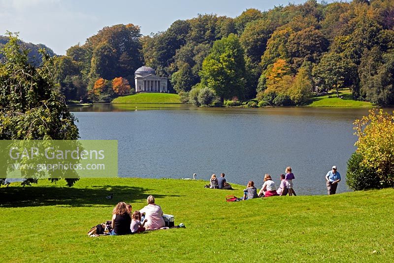 View across the lake to the Pantheon at Stourhead Gardens, Wiltshire, UK, early September, Designed by Henry Hoare
