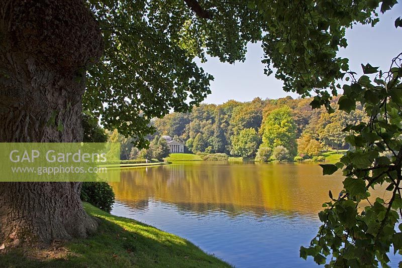 View across lake to the Pantheon at Stourhead Gardens, Wiltshire, UK, early September, Designed by Henry Hoare