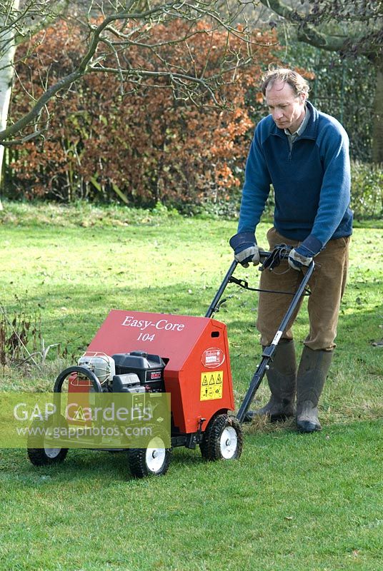 Man using a motorised Hollow tine for aerating a lawn to improve drainage in compacted lawn by removing cores of soil. February
