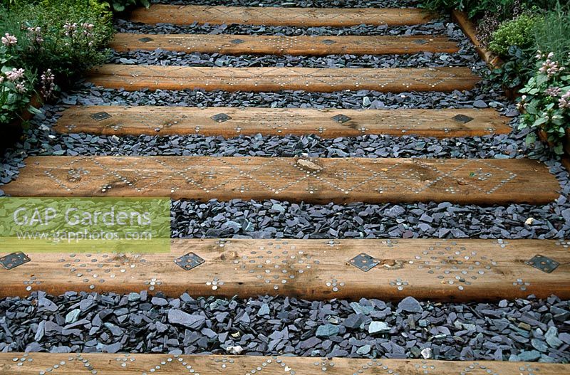 Grey slate and wooden sleeper path - RHS Chelsea Flower Show 2002