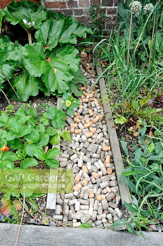 Recycled cork path in between vegetable beds - Old Palace Lane Allotments, Richmond upon Thames Surrey, UK