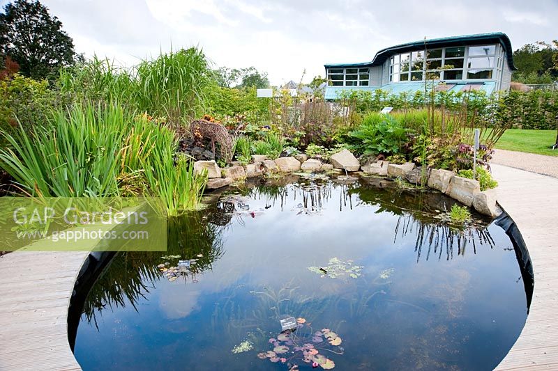 Bramall Learning Centre and Library seen from the pond in the Teaching Garden -  RHS Garden Harlow Carr, Harrogate, North Yorkshire, UK