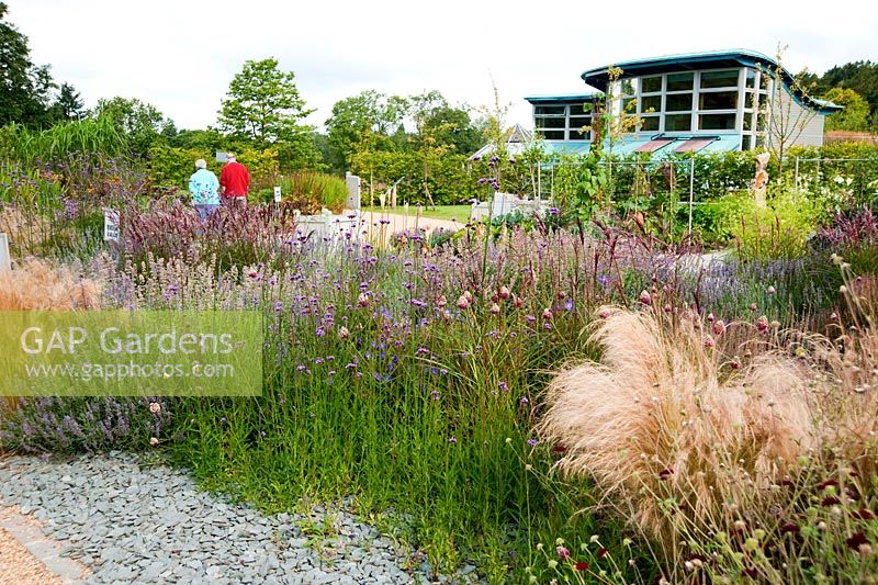 Bramall Learning Centre seen from the Teaching Garden - RHS Garden Harlow Carr, Harrogate, North Yorkshire, UK