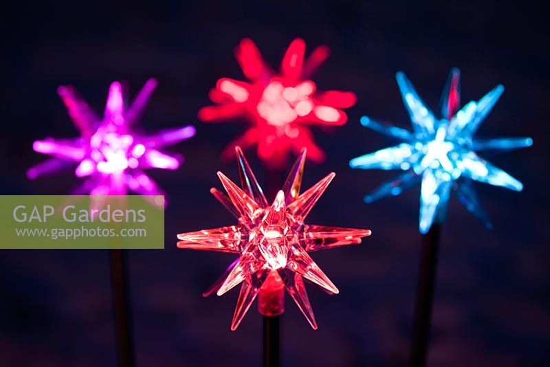 Coloured star solar powered Christmas lights at night