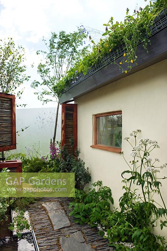 Eco friendly house with green living roof, slate paving, native plants and movable screens to stop wind damage - SAC Strutt and Parker Sustainable Highland Garden, SGS 2010 