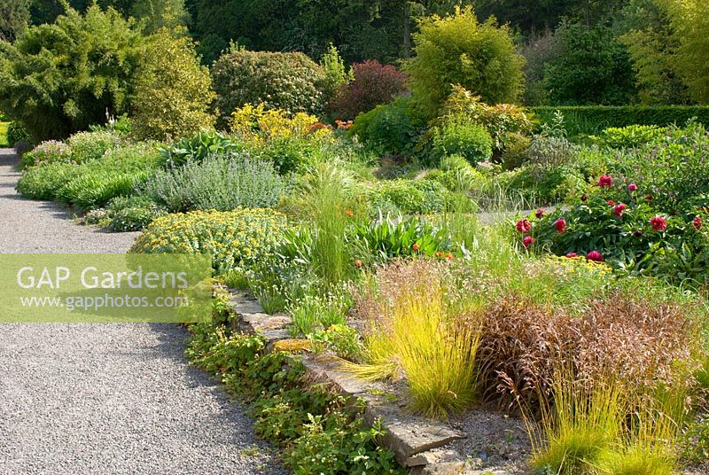 Colourful raised borders with perennials, shrubs, grasses, and gravel paths in late May at Cally Gardens, Gatehouse of Fleet, Scotland