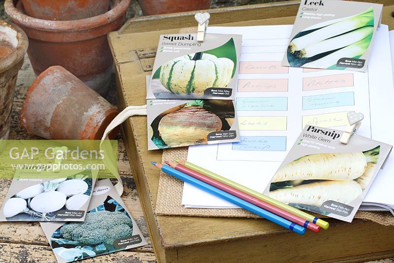 Vegetable bed plans and seed packets on bench