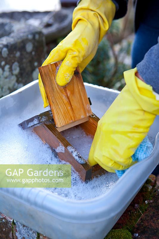 Cleaning bird house in hot soapy water, inside and out.