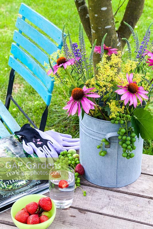 On a wooden table a vase with coneflower, Ladys Mantle, Veronica and grapes. Also on the table is a gardening book, gardening gloves, hand fork a bowl of strawberries and a glass of water. In the background a colourful turquoise garden chair.