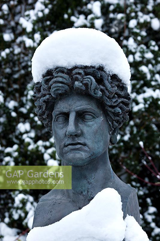 A bust of Leon Krier in snow, Highgrove Garden, January 2010.