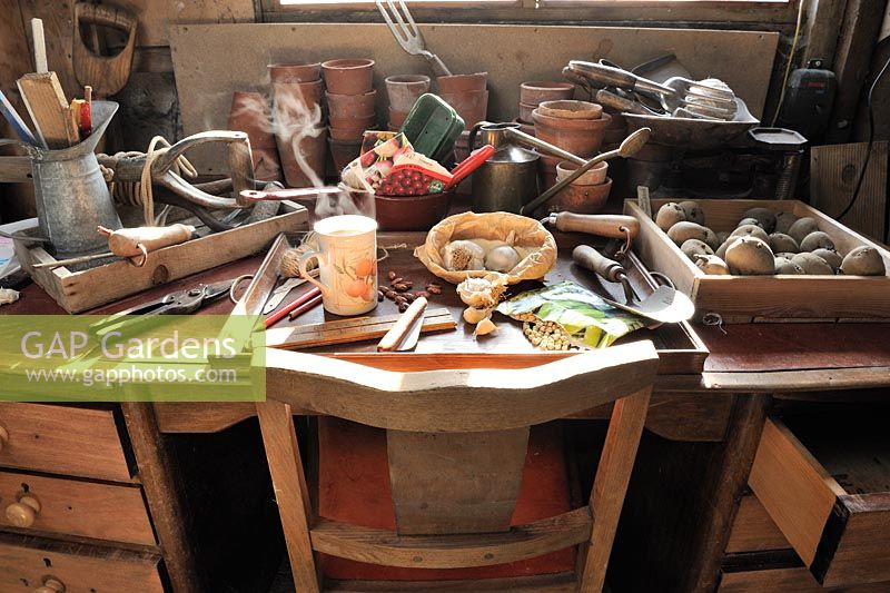 Potting shed desk with steaming coffee mug, seeds, gardening tools, March