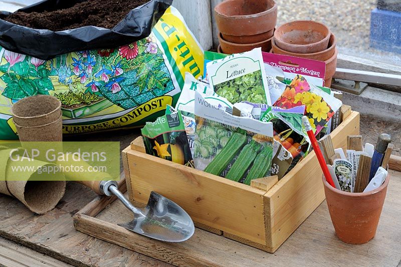 Box of seed packets on the greenhouse potting bench with flowerpots, April