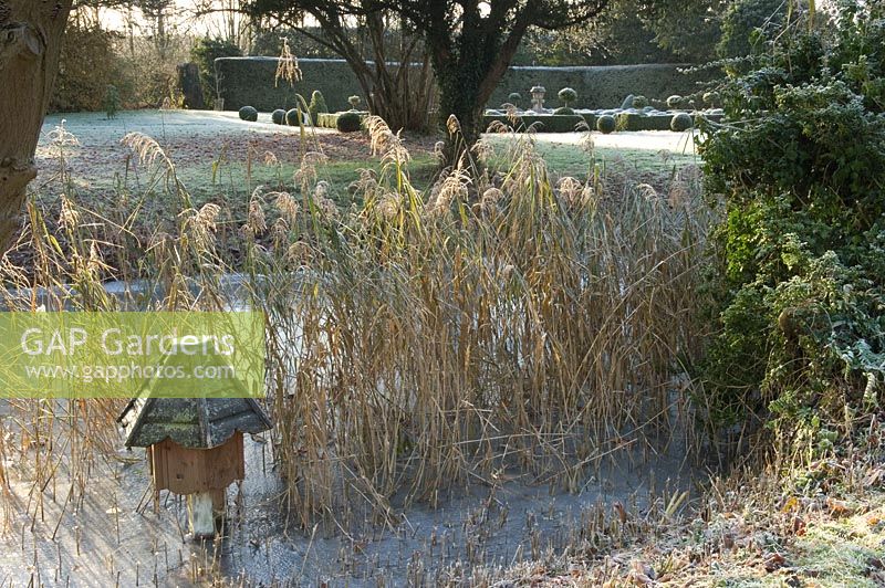 Bird house on stilts suspended above frozen pond
