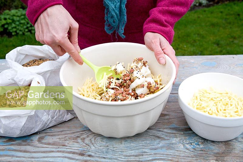 Step by step for creating hanging bird feeders out of teacups and yoghurt pots - stirring mixture 