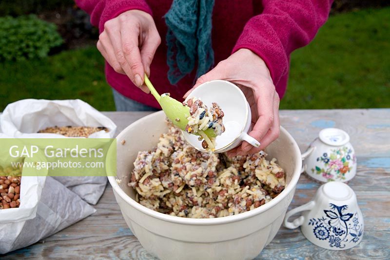 Step by step for creating hanging bird feeders out of teacups and yoghurt pots