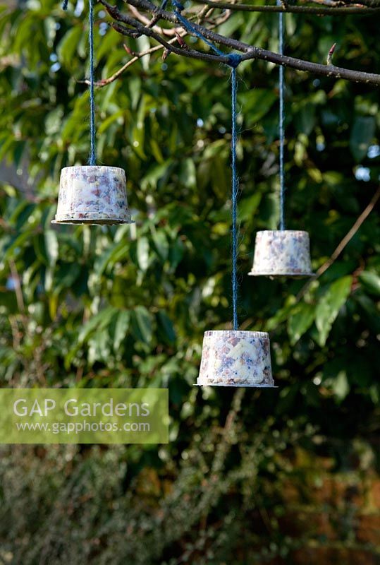 Step by step for creating hanging birdfeeders out of teacups and yoghurt pots