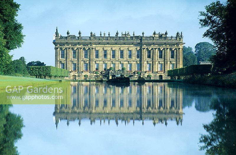 The south facade of the house and the Canal Pond - Chatsworth Garden, Bakewll, Derbyshire, UK. Historic Garden Grade I. London and Wise and Lancelot 'Capability' Brown and Paxon all involved in the current features. 