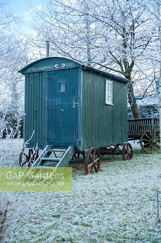 Shepherds Hut in wild garden, December - The Mill House, Little Sampford, Essex