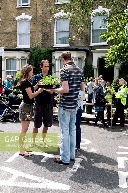 Man holding a tray of plants whilst talking to friends, Wilberforce Road plant sale, London Borough of Hackney, UK
