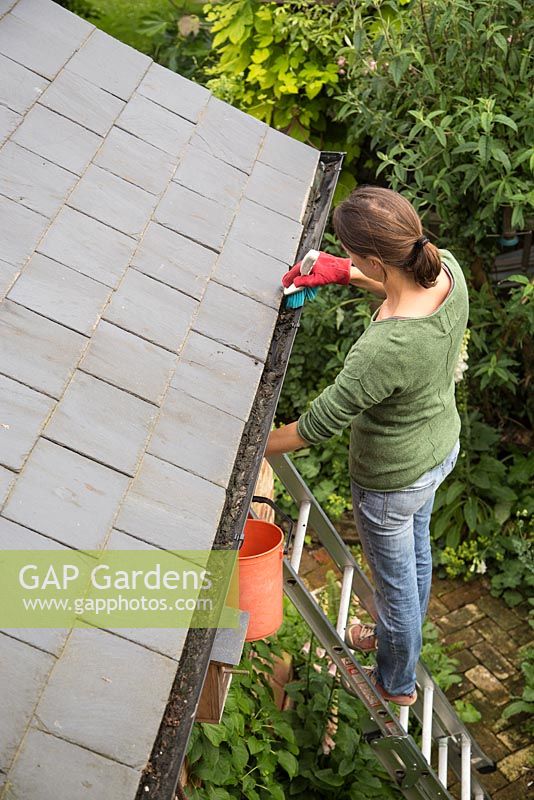 Woman clearing debris from gutters