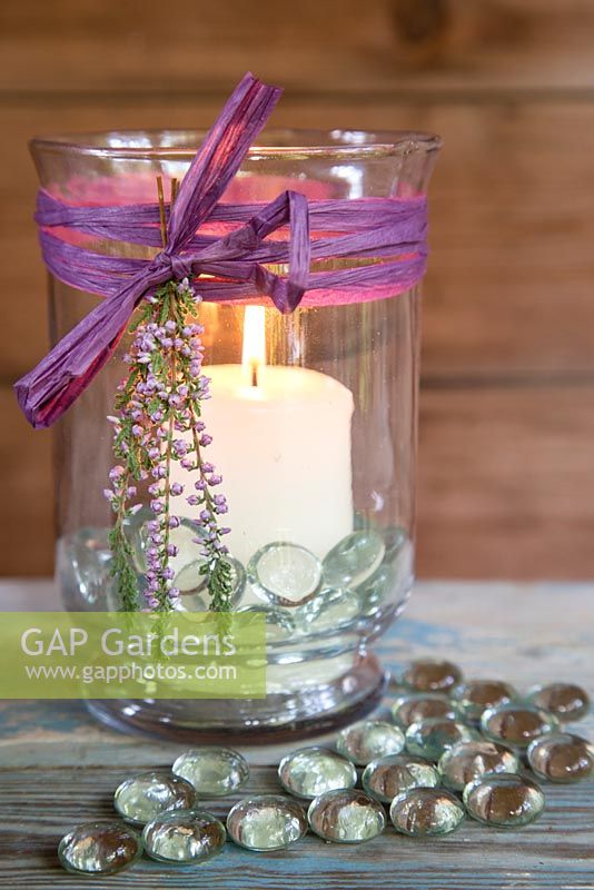 Decorative display of Glass candle with Heather