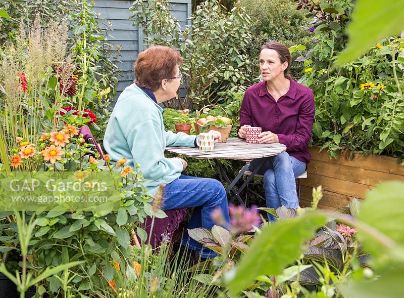 Mixed generations drinking tea in a small urban garden