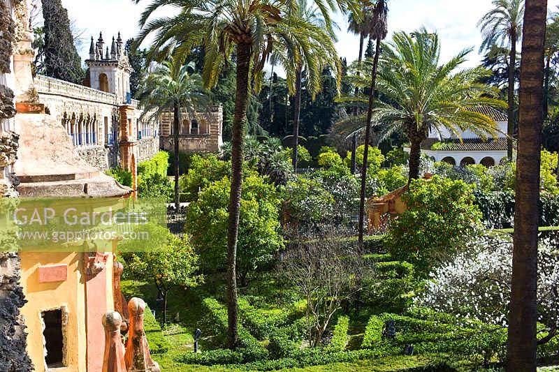 Overlooking The Ladies Garden and The Abode Garden from the Galer­a del Grutesco at the Real Alcazar, Seville, Andalusia, Spain