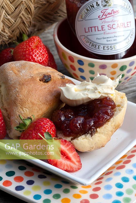 Tiptree 'Little Scarlet' Strawberry Jam with scones, strawberries and clotted cream