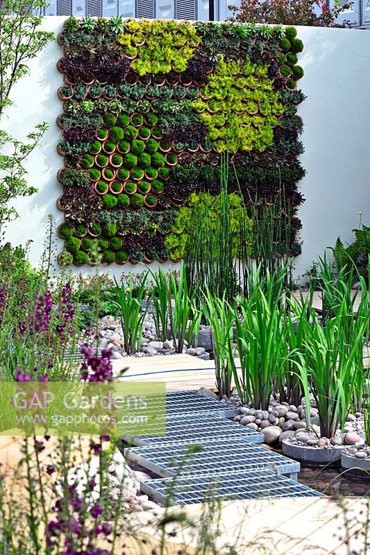 Low-tech Living wall made by planting drought tolerant succulents into recycled terracotta pipes