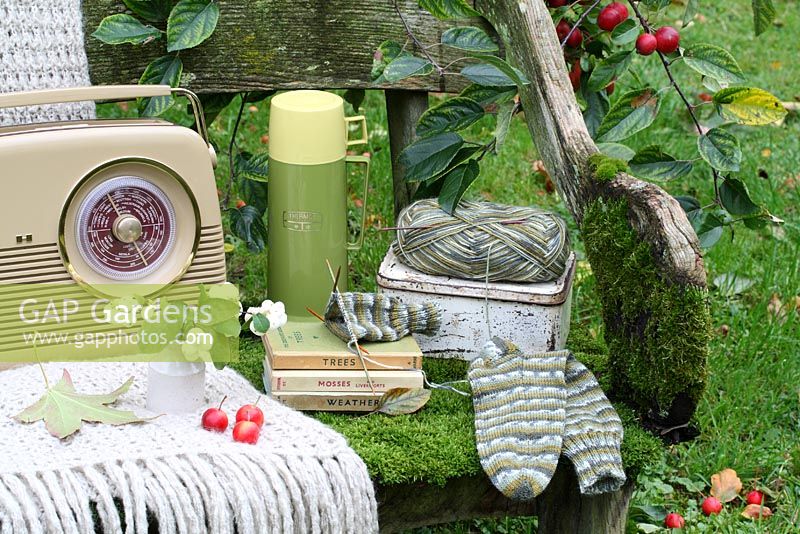 A rustic, moss covered bench with thermos flask, lunchbox, woollen throw, sock knitting, vase of snowberries, Bush radio and Observer books