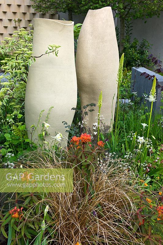 Fresh Garden - The BrandAlley Garden - RHS Chelsea Flower Show 2013. Planting includes Carex flagellifera 'Auburn Cascade', Euphorbia grifithii 'Dixter', Eremurus, Aquilegia, Geum 'Prinses Juliana' and Anthriscus sylvestris