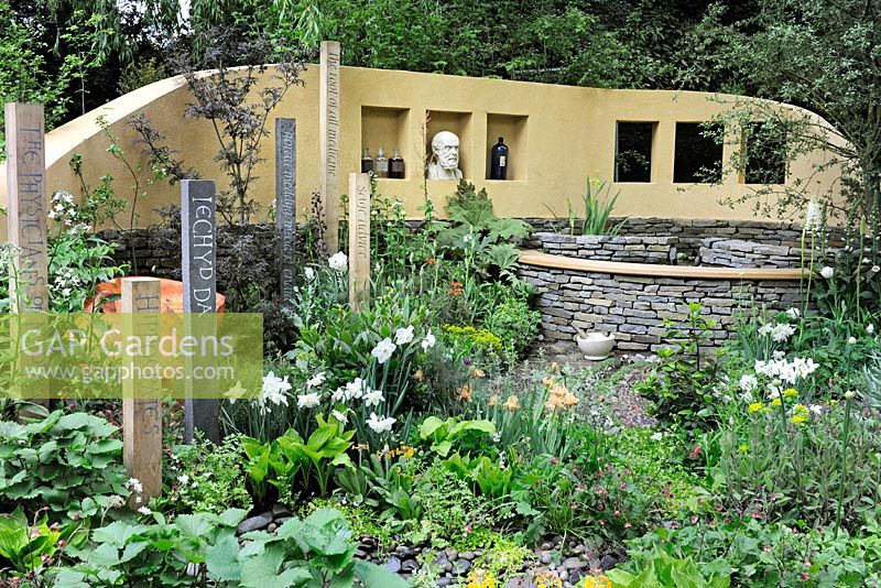 Raised pond, stone and rendered walls and flowering borders in the Get Well Soon garden