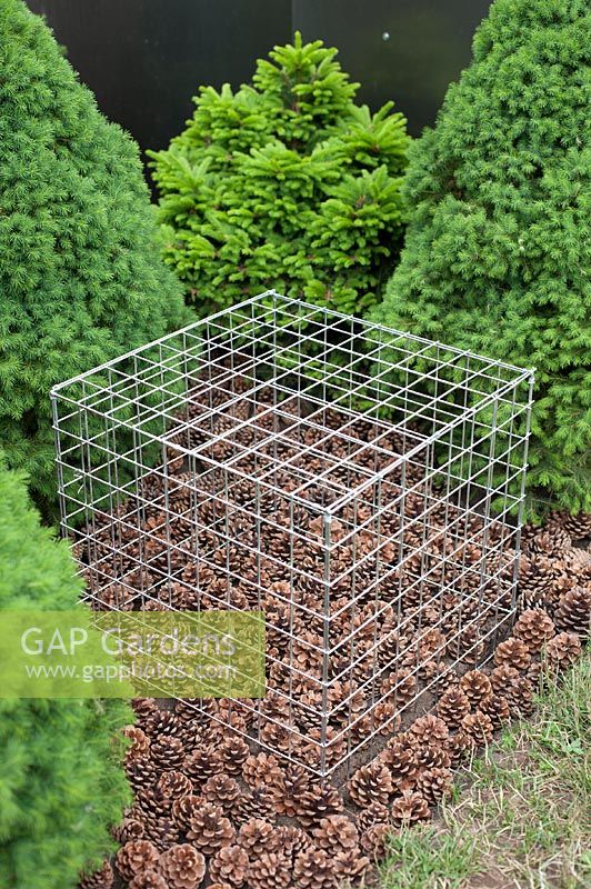 Sculpture of metal cage over pine cones in the 'Woke From Troubled Dreams' Garden, BBC Gardener's World Live 2103