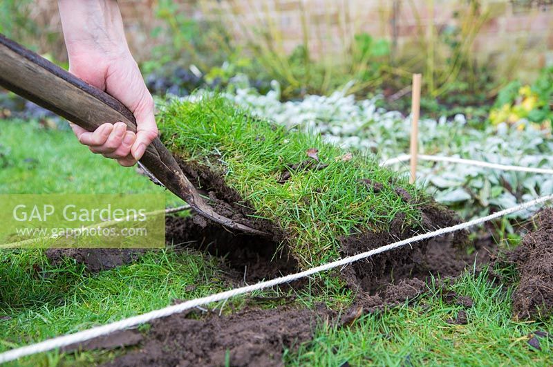 Removing the turf one square at a time.