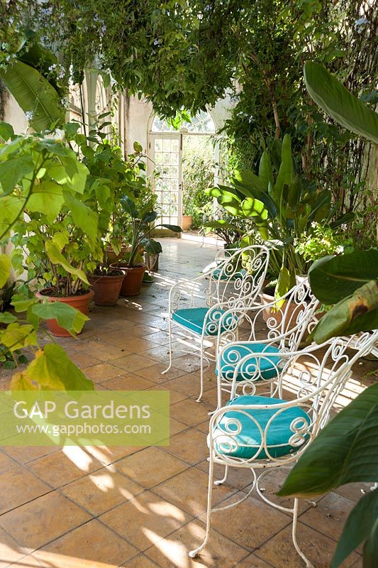 Inside the Orangery at the end of the Italianate garden. Mapperton House, Beaminster, Dorset, UK