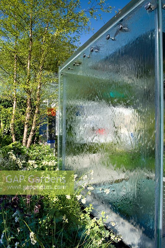 Glass wall with water cascading down. Naturalistic loosely planted border of damp shade-loving perennials. The Mind's Eye garden for the RNIB, gold medal winner. RHS Chelsea Flower Show 2014. 