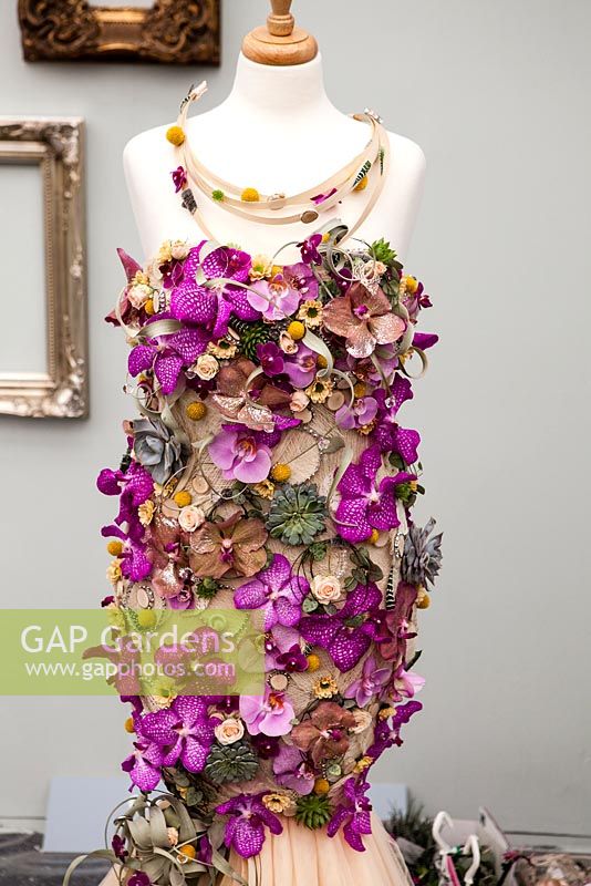British Floristy Association Young Florist of the Year in the Grand Pavilion: dress made of flowers 2014 RHS Chelsea Flower Show
