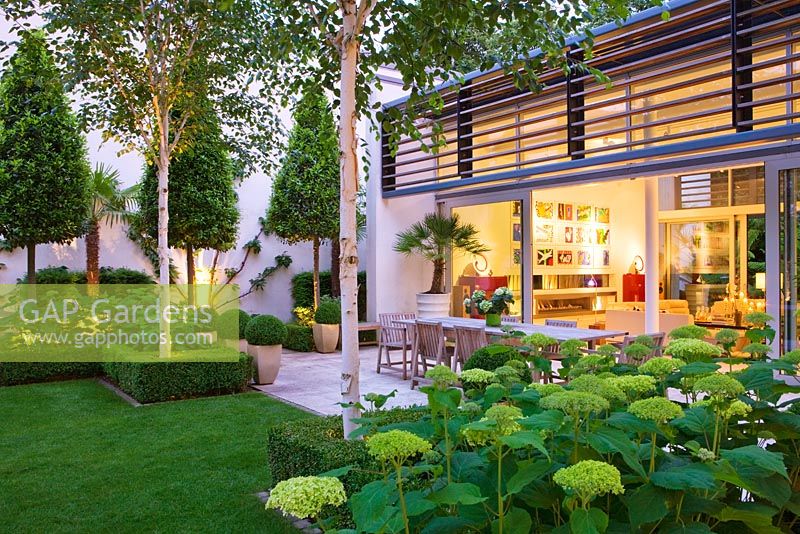 Night view of glass pavilion, Betula jacquemontii and patio - The Glass House, Petersham - Architects Terry Farrell Partners - Garden design by Sallis Chandler 