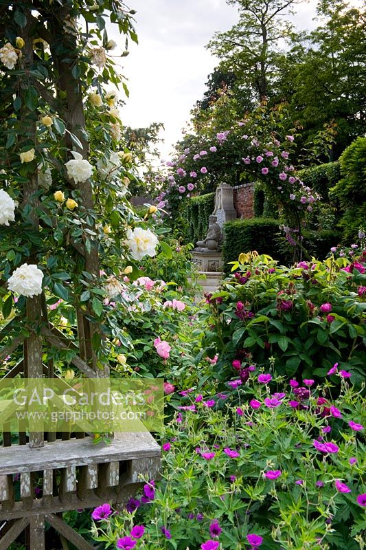 View of floral scene of roses on a wooden obelisk and an arch with geranium psilostemon. Stone water feature glimpsed in next garden room.  Seend, Wiltshire
