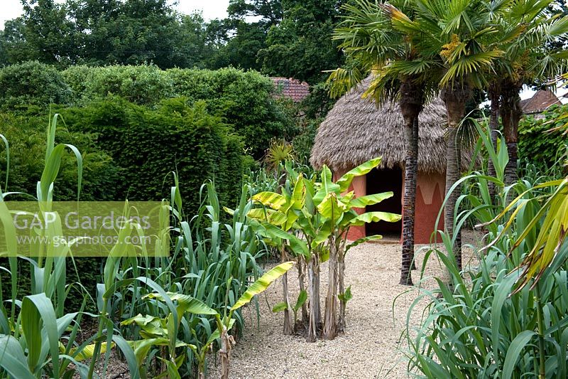 Model garden representing Africa with a mud hut, bananas, palm trees and ornamental grasses. Seend, Wiltshire
