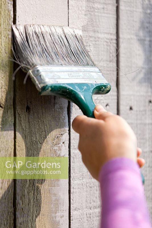 Woman painting a garden fence.