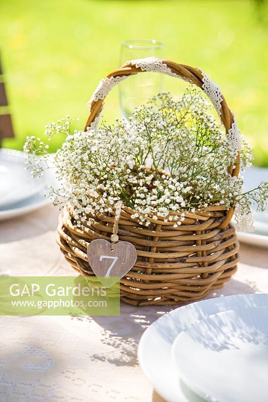 Wicker basket of Gypsophila used as a table setting. 