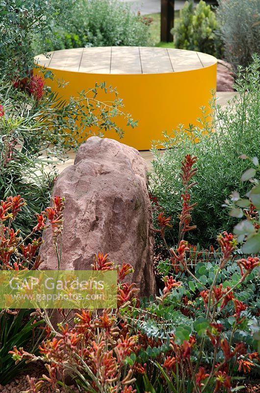 Rock surrounded by Anigozanthos, Eucalyptus 'Little Boy Blue' and yellow  circular seat in background - Essence of Australia Garden, RHS Hampton Court Palace Flower Show 2014 - Design: Jim Fogarty - Sponsors: Tourism Victoria, Tourism Northern Territory, Qantas, Trailfinders