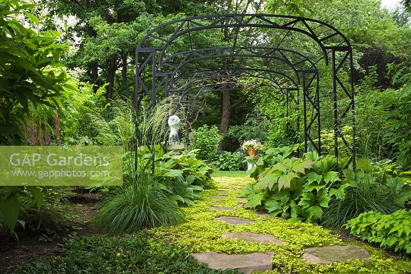 Flagstone path partially covered with golden creeping 'Jenny' Lysimachia nummularia 'Aurea' and a black wrought iron arbour - Il Etait Une Fois, Monteregie, Quebec, Canada. 
