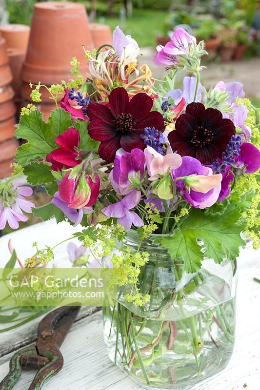 Scented flowers in glass jar including Honeysuckle, Roses, Sweet peas, Cosmos and Lavender
 